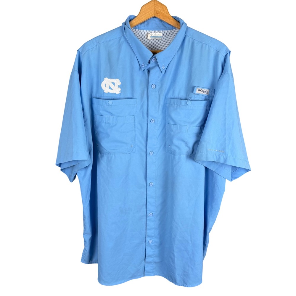 Columbia PFG UNC Tar Heels Tamiami II Fishing Shirt Mens XXL Blue Short Sleeve